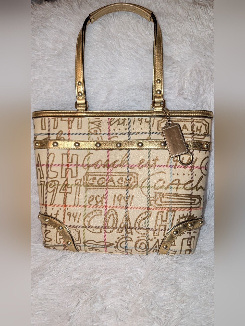 Coach Heritage Tattersall Graffiti Tote Bag Metallic Gold Leather Trim EUC
